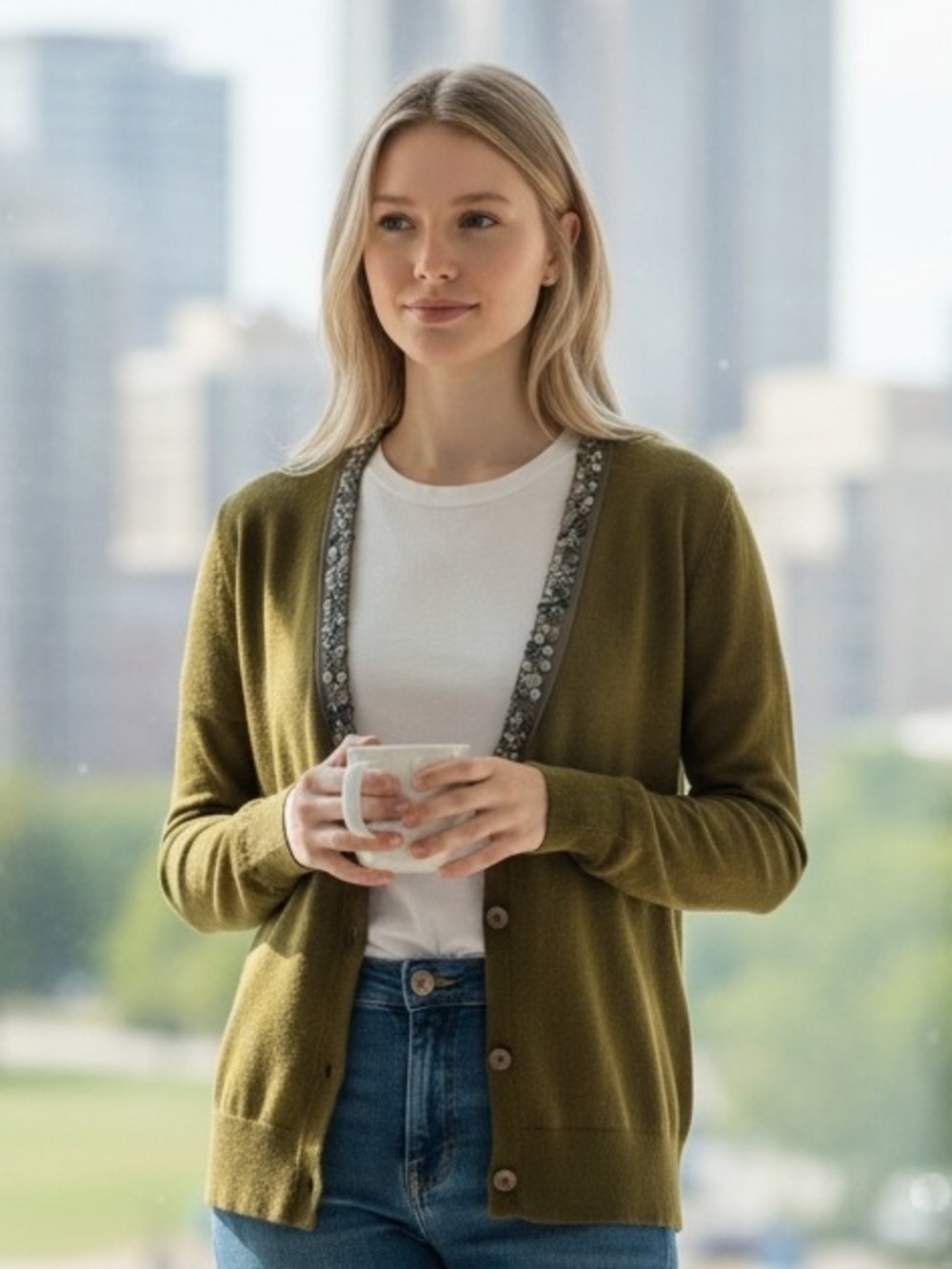 LOFT Olive Green Sequin Trim V Neck Button Front Cardigan Small